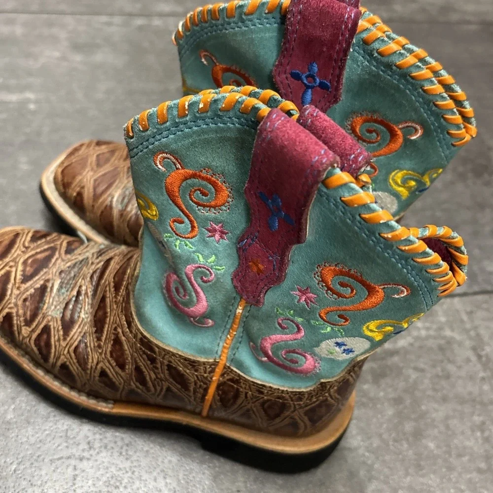 Ariat Fatbaby Leather Embroidered Cowboy Boots Pink Ostrich Print Skulls 10.5 - Picture 2 of 6